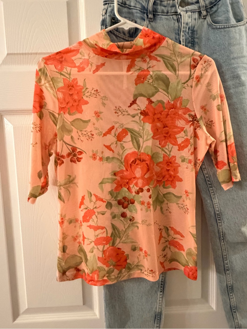 Floral Mesh Mock Neck Top - Peach Coral